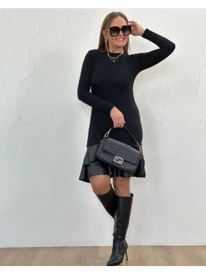 Kadın Uzun Kollu Bisiklet Yaka üst Viskon Etek Ucu Deri Kısa Elbise