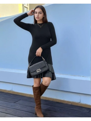 Kadın Uzun Kollu Bisiklet Yaka üst Viskon Etek Ucu Deri Kısa Elbise