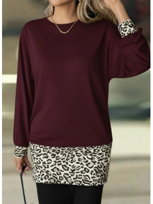 Kadın Uzun Kollu Bisiklet Yaka üst Viskon Iki Iplik Alt Leopar Desenli Mini Elbise