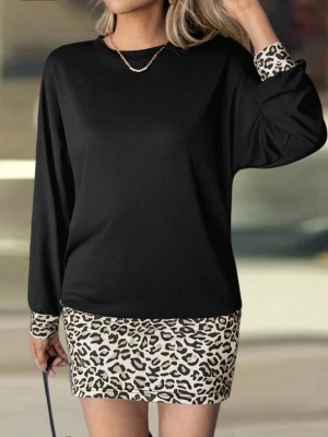Kadın Uzun Kollu Bisiklet Yaka üst Viskon Iki Iplik Alt Leopar Desenli Mini Elbise