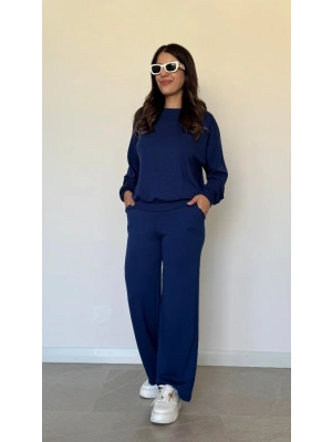 Kadın Uzun Kollu Bisiklet Yaka Viskon Iki Iplik Bluz Ve Pantolon Ikili Takım
