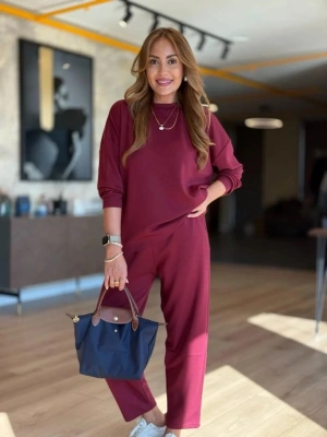Kadın Uzun Kollu Bisiklet Yaka Viskon Iki Iplik Bluz Ve Pantolon Ikili Takım