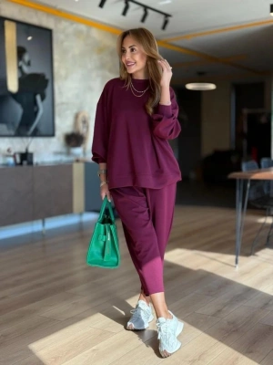 Kadın Uzun Kollu Bisiklet Yaka Viskon Iki Iplik Mor Bluz Ve Pantolon Ikili Takım