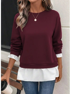 Kadın Uzun Kollu Bisiklet Yaka Viskon Iki Iplik Ve Etek Ucu Trikoton Bluz