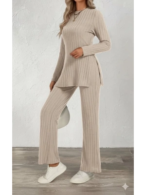 Kadın Uzun Kollu Bisiklet Yaka Yandan Yırtmaçlı şardonlu Kaşkorse Bluz Ve Pantolon Ikili Takım