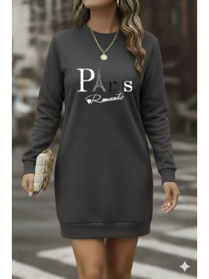 Kadın Uzun Kollu Bisiklet Yaka Yazılı Kısa Viskon Iki Iplik Elbise