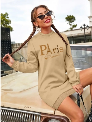 Kadın Uzun Kollu Bisiklet Yaka Yazılı Kısa Viskon Iki Iplik Elbise