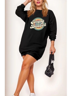 Kadın Uzun Kollu Bisiklet Yaka Yazılı Viskon Iki Iplik Elbise