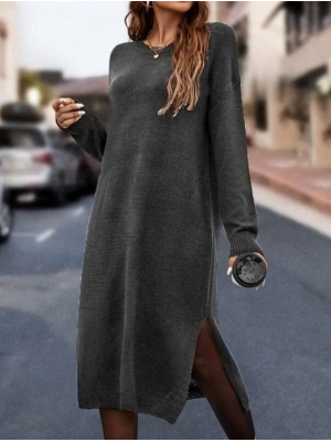 Kadın Uzun Kollu Bisiklet Yaka Yırtmaç Detay Triko Midi Boy Elbise