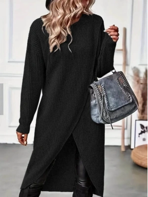 Kadın Uzun Kollu Bisiklet Yakalı önden çapraz Kesim Detaylı Midi Triko Elbise