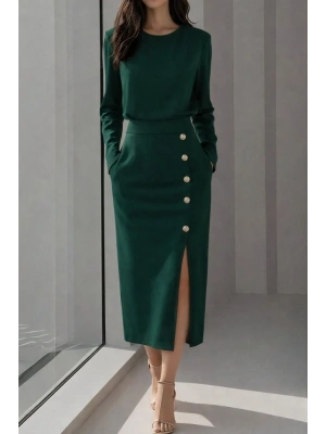 Kadın Uzun Kollu Bisiklet Yakalı Yandan Yırtmaçlı Düğmeli Midi Ithal Krep Elbise