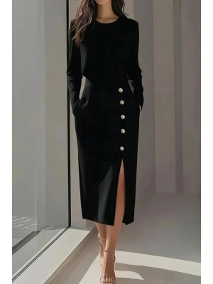 Kadın Uzun Kollu Bisiklet Yakalı Yandan Yırtmaçlı Düğmeli Midi Ithal Krep Elbise