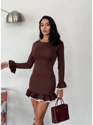 Kadın Uzun Kollu Biye Ve Volan Detaylı Dalgıç Kumaş ini Elbise