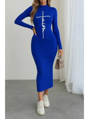 Kadın Uzun Kollu Boğazlı Baskı Detaylı Viskon Tam Boy Elbise