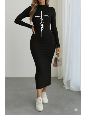 Kadın Uzun Kollu Boğazlı Baskı Detaylı Viskon Tam Boy Elbise