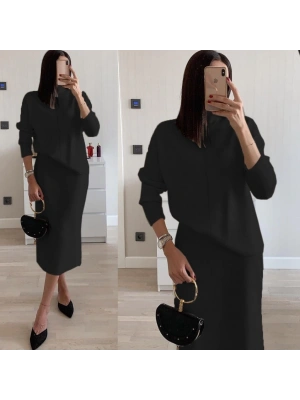 Kadın Uzun Kollu Boğazlı Kazak Ve Yanı Yırtmaçlı Etek Akrilik Ikili Takım