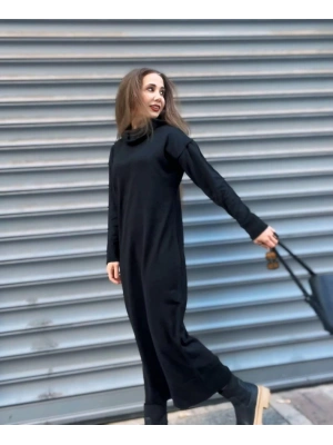 Kadın Uzun Kollu Boğazlı Midi Boy Triko Elbise (kemersiz)