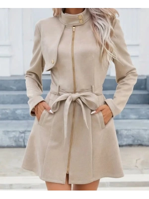 Kadın Uzun Kollu Boyundan Düğmeli Fermuarlı Beli Kuşaklı Süet Ceket