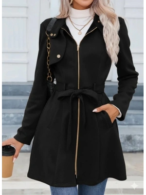 Kadın Uzun Kollu Boyundan Düğmeli Fermuarlı Beli Kuşaklı Süet Ceket