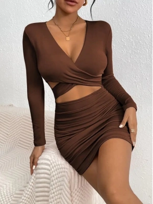 Kadın Uzun Kollu çapraz Dekolte Detaylı Mini Sandy Elbise