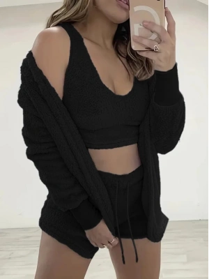 Kadın Uzun Kollu Ceket, Askılı Peluş Bluz Ve şort üçlü Takım