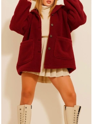 Kadın Uzun Kollu Cep Ve Düğme Detay Wellsof Kumaş Peluş Hırka