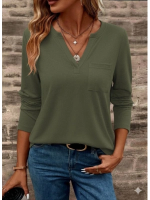 Kadın Uzun Kollu Cepli V Yakalı Viskon Iki Iplik Bluz