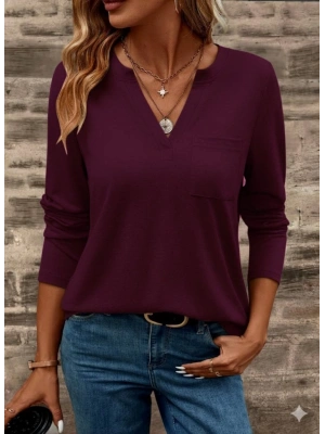 Kadın Uzun Kollu Cepli V Yakalı Viskon Iki Iplik Mürdüm Bluz