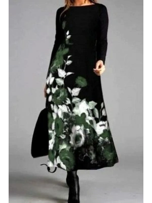 Kadın Uzun Kollu çiçek Baskılı Midi Mikro Elbise