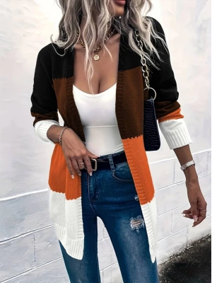 Kadın Uzun Kollu çift Renkli Uzun Triko Hırka