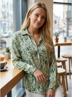 Kadın Uzun Kollu Dalgalı Desen Baskılı Gömlek