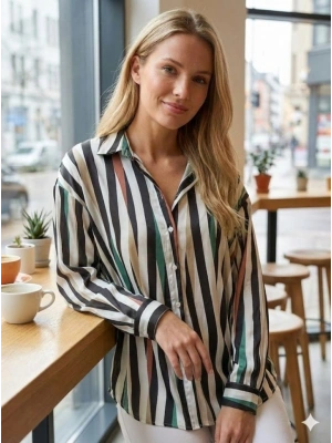 Kadın Uzun Kollu Dalgalı Desen Baskılı Gömlek