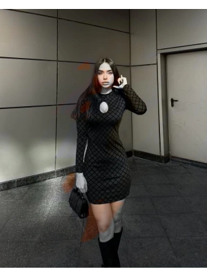 Kadın Uzun Kollu Damla Detay Flok Baskı Dalgıç Mini Elbise