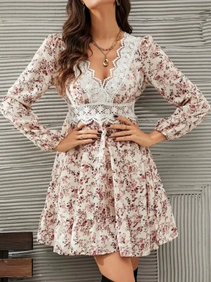 Kadın Uzun Kollu Dantel V Yakalı Mini Desenli Süprem Elbise