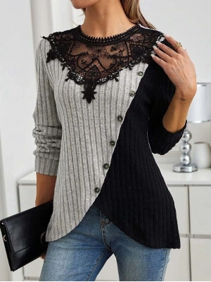 Kadın Uzun Kollu Dantel Yaka Yandan Düğmeli şardonlu Kaşkorse Bluz