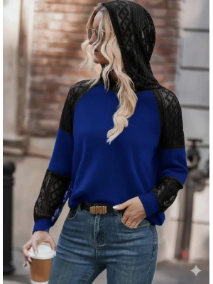 Kadın Uzun Kollu Dantelli Kapşonlu Viskon Iki Iplik Bluz