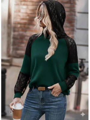 Kadın Uzun Kollu Dantelli Kapşonlu Viskon Iki Iplik Bluz