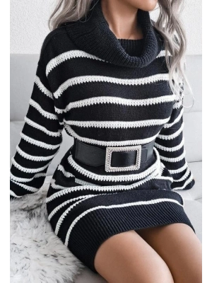 Kadın Uzun Kollu Degaje Yaka çizgili Sonya Iplik Mini Boy Triko Elbise (kemersiz)