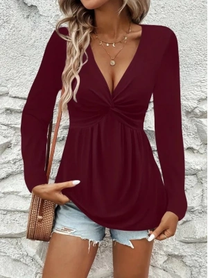 Kadın Uzun Kollu Dekolteli Sarmal Detaylı Viskon Bluz