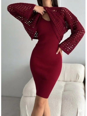 Kadın Uzun Kollu Delikli Kazak Askılı Elbise Triko Ikili Takım