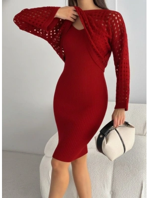 Kadın Uzun Kollu Delikli Kazak Askılı Elbise Triko Ikili Takım