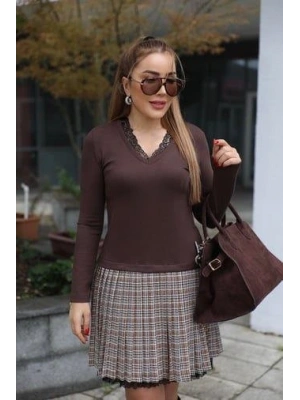 Kadın Uzun Kollu Denteli Yaka Ekose Etek Detay Diz üstü Elbise