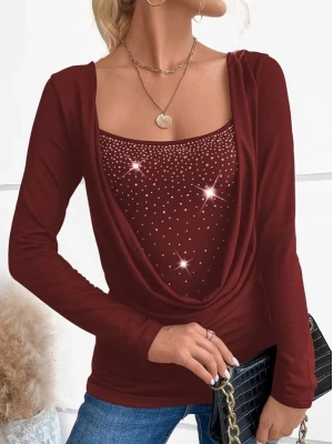 Kadın Uzun Kollu Derin Degaje Yakalı Taşlı Sandy Bluz