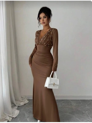 Kadın Uzun Kollu Derin V Yaka Inci Detay axi Boy Elbise