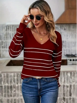 Kadın Uzun Kollu Derin V Yakalı çizgi Desenli Triko Bluz