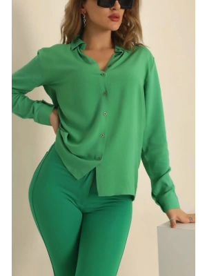 Kadın Uzun Kollu Dokuma Kumaş Klasik Gömlek