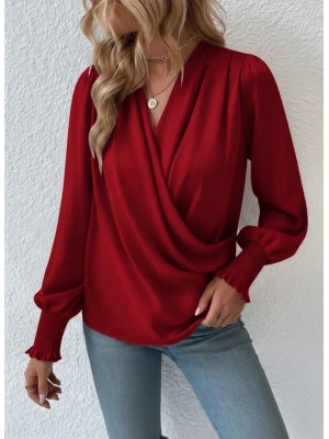 Kadın Uzun Kollu Dökümlü Kruvaze Yaka Kol Ucu Gipeli Sandy Bluz