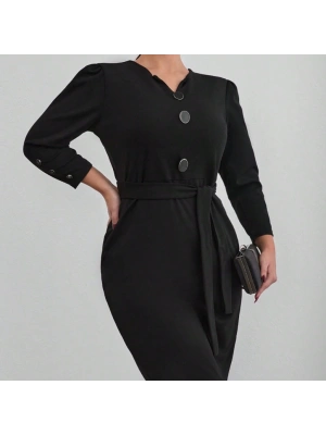 Kadın Uzun Kollu Düğme Detaylı Kendinden Kemerli Ithal Krep Elbise