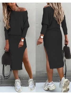 Kadın Uzun Kollu Düşük Omuz Yırtmaç Detay Kaşkorse Etek Bluz Ikili Takım