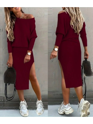 Kadın Uzun Kollu Düşük Omuz Yırtmaç Detay Kaşkorse Etek Bluz Ikili Takım